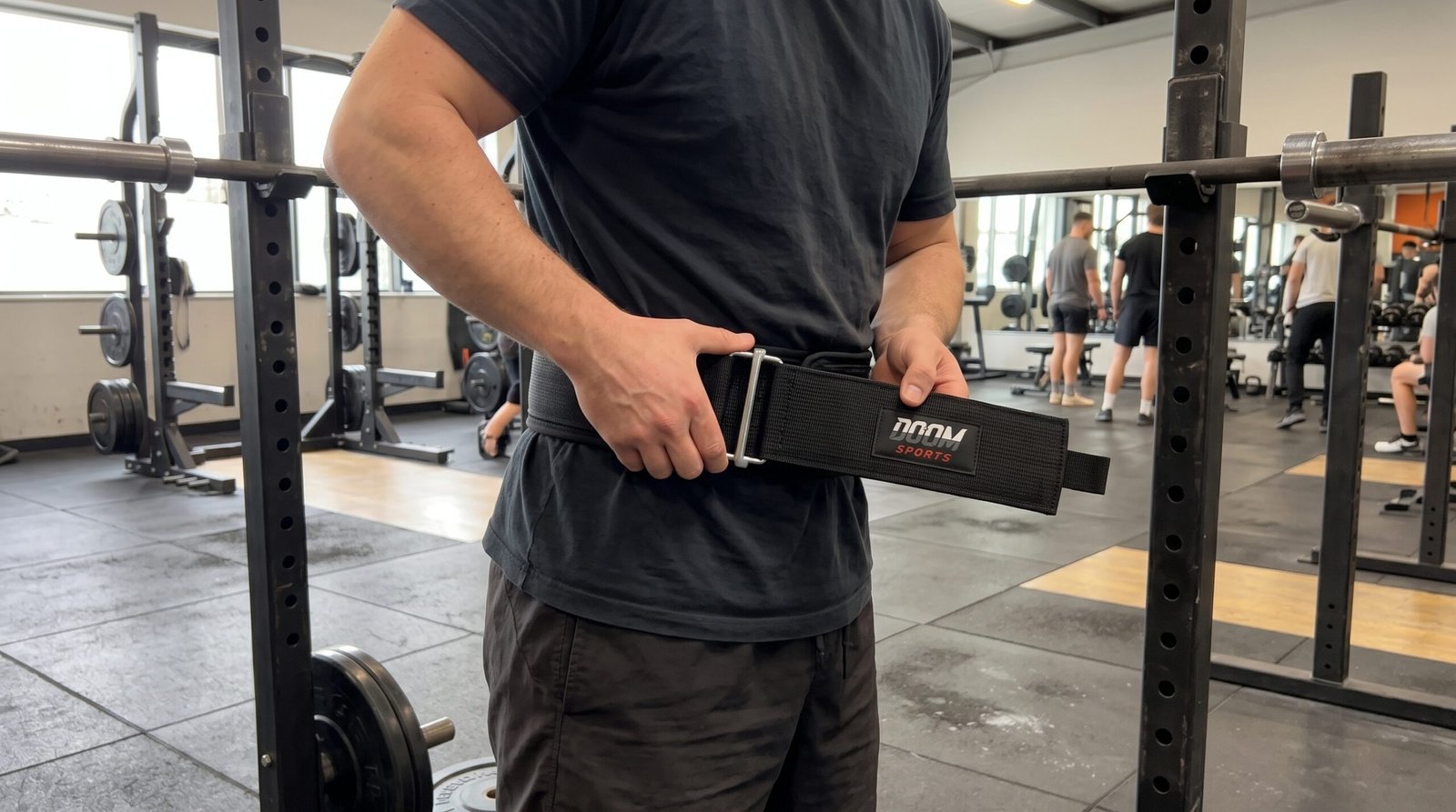 Lifter adjusting a black DOOM lifting belt beside a squat rack