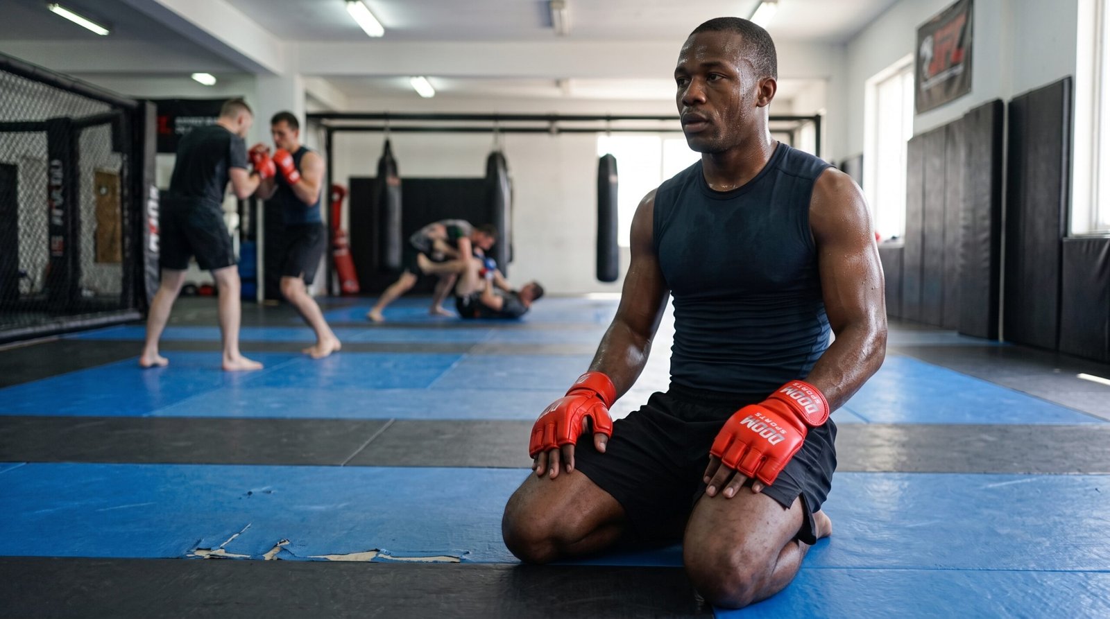 MMA athlete kneeling on training mats wearing red DOOM K-1 GRAPPLE gloves