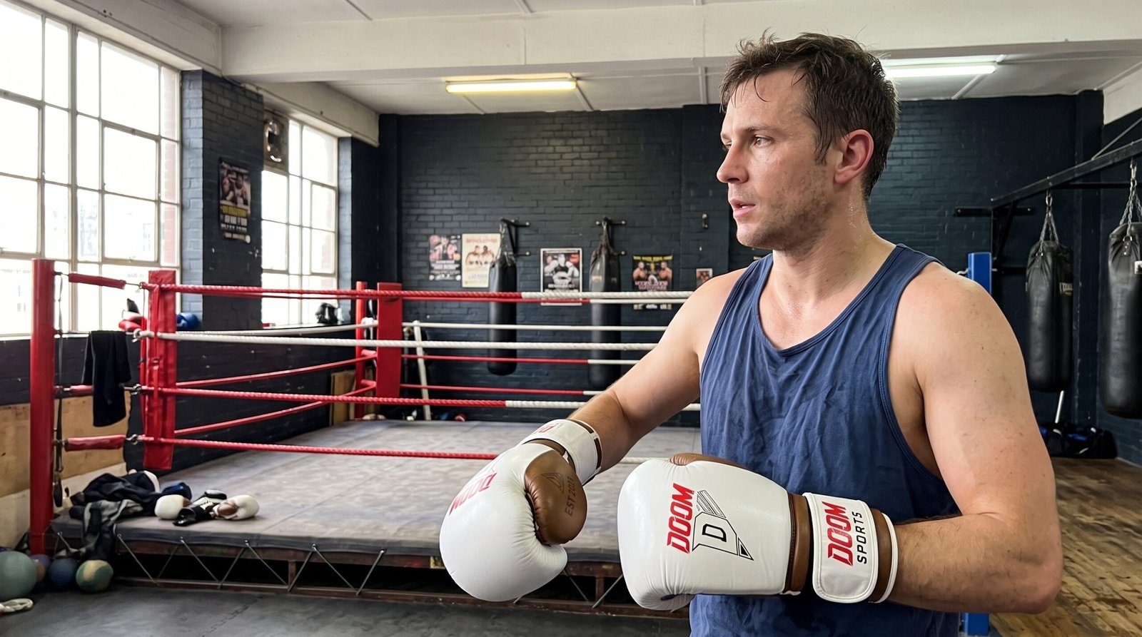 Boxer wearing brown and white DOOM K-1 STRIKER gloves beside a boxing ring